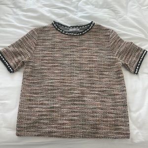 Zara tweed blouse with multi color and pearl trim around neck & sleeves